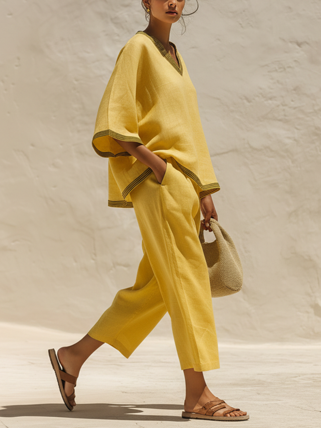 Yellow Linen-Blend Contrast Trim Two-Piece Set