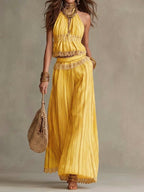 Stylish Striped & Lace-paneled Sleeveless Top And Pants Two-piece Set