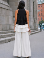 Layered Color-Block Chiffon Top and Wide-Leg Trousers Set