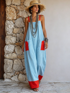 Vacation-style Color-block Striped Cotton-linen Maxi Dress