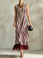 Women's V-neck Striped Mesh-paneled Tank Dress