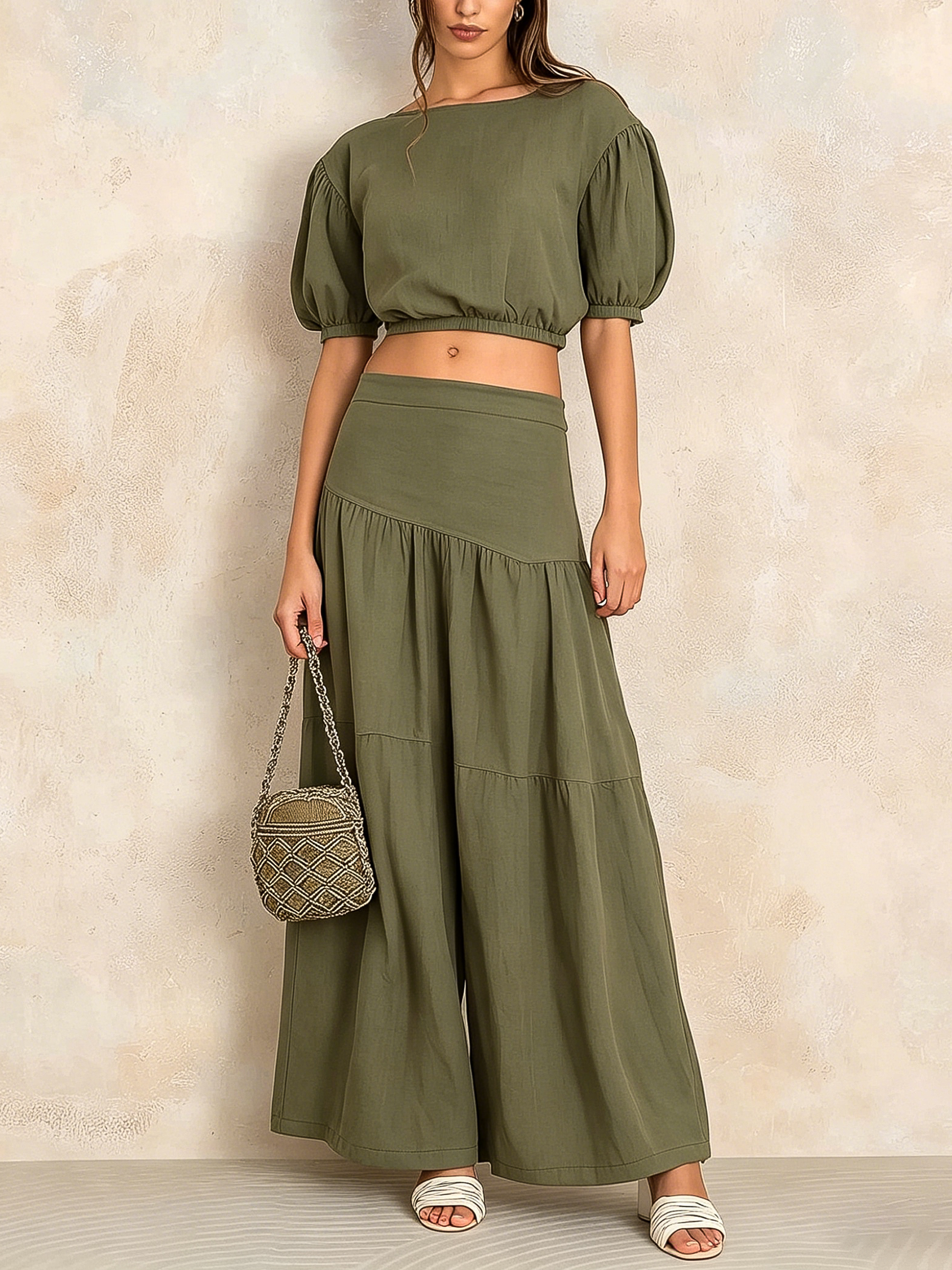 Olive Green Linen-Blend Two-Piece Set - Puff Sleeve Crop Top & Tiered Wide Leg Pants