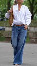 V-Neck Blouse & Dark Blue High-Waisted Wide-Leg Jeans Set