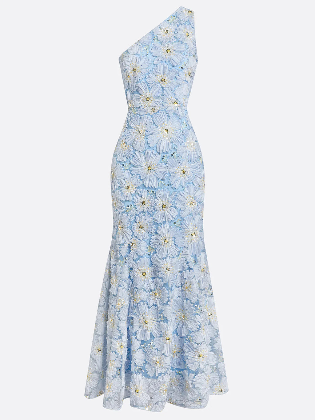 Light Blue Jacquard Beaded 3D Floral Lace One Shoulder Sleeveless Mermaid Gown Dress