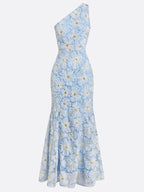 Light Blue Jacquard Beaded 3D Floral Lace One Shoulder Sleeveless Mermaid Gown Dress
