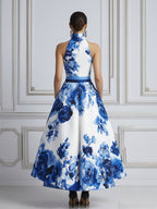 Sleeveless Open-Shoulder Blue Floral Print A-Line Midi Dress