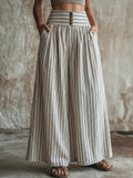 Casual & Cozy Striped High-waisted Cotton-linen Wide-leg Pants