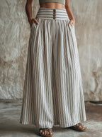Casual & Cozy Striped High-waisted Cotton-linen Wide-leg Pants