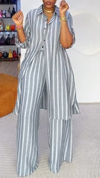 Grey Striped Linen‐Look 2‐Piece Set