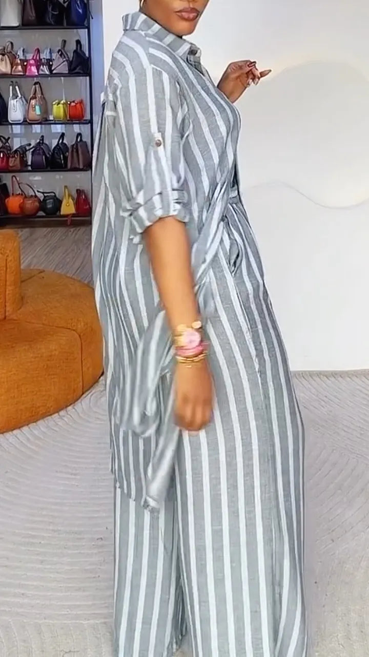 Grey Striped Linen‐Look 2‐Piece Set