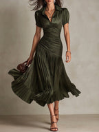 Elegant Draped & Pleated Striped Midi Dress