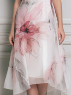 Sleeveless Draped Floral Asymmetric Midi Dress