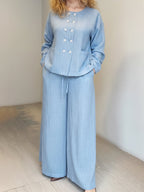 Elegant Button-up Shirt And Wide-leg Trousers Linen Set