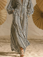 Women's Retro Striped Zip Art Casual Stylish Cotton Long Dress