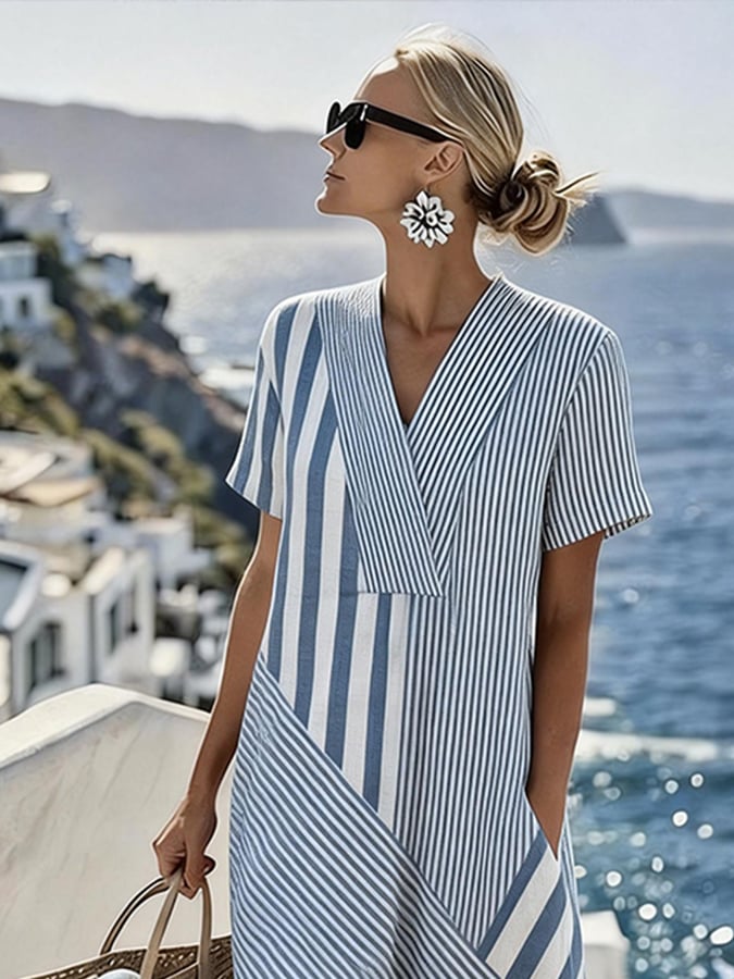Women's Casual V-Neck Striped Loose Dress