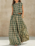 Women's Retro Striped Stylish Button Casual Top And Pants Cotton Linen Two-piece Set