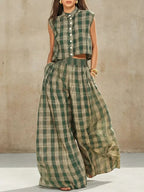 Women's Retro Striped Stylish Button Casual Top And Pants Cotton Linen Two-piece Set