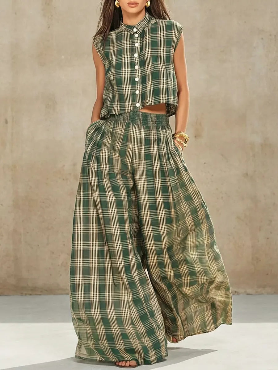 Women's Retro Striped Stylish Button Casual Top And Pants Cotton Linen Two-piece Set