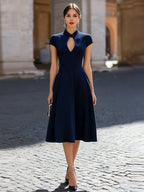 Navy Blue Mandarin Collar Keyhole Cap Sleeve Pleated A-Line Midi Dress