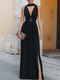 Deep V-neckline Metal Buckle Draped High-Slit Maxi Dress
