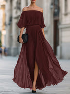 Off-Shoulder Pleated Chiffon Maxi Dress