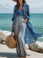 Women's Lapel Long Stylish Casual Top Comfortable Vest And Striped Pants Three-piece Set