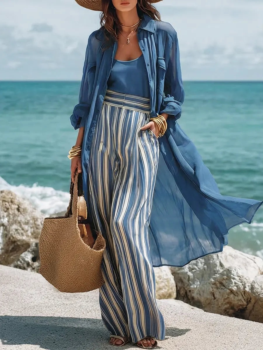 Women's Lapel Long Stylish Casual Top Comfortable Vest And Striped Pants Three-piece Set
