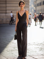 Spaghetti Strap V-Neck Tailored Wide-Leg Jumpsuit