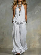 Women's Striped Ruffled Art Casual Top And Pants Stylish Cotton Suits