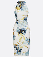 Blue Floral Satin Halter Sleeveless Sheath Midi Dress
