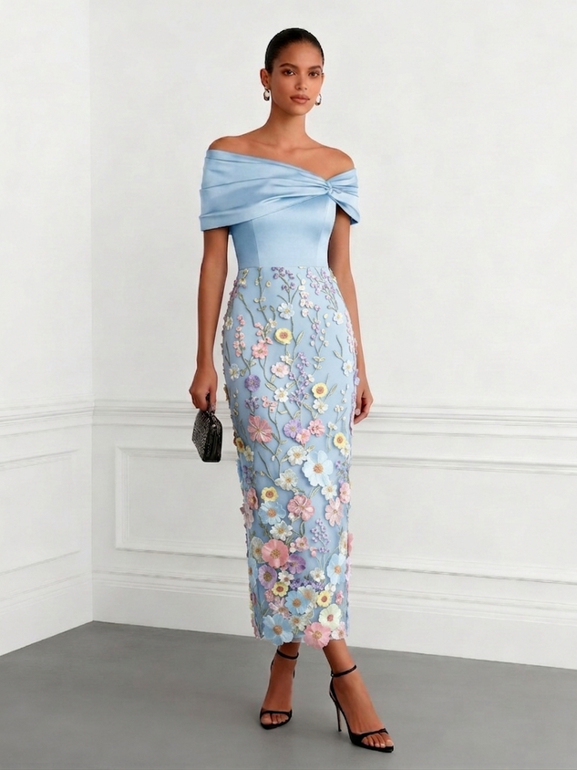 Black 3D Floral Classic Off The Shoulder Short Sleeve Sheath Midi Dress