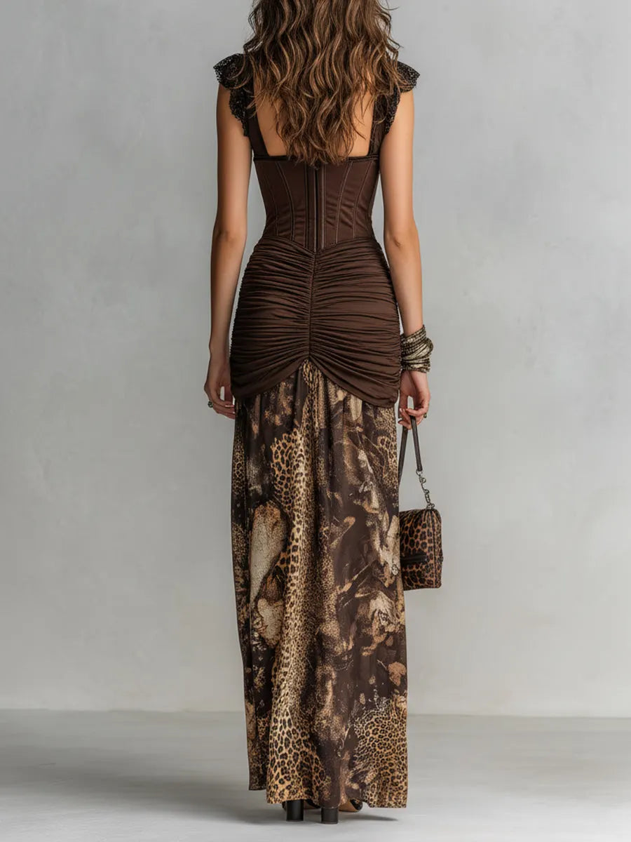 Vintage Corset Leopard Print Pleated Maxi Dress