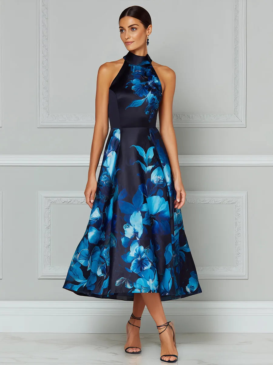 Halter Neck Floral Print A-Line Midi Dress