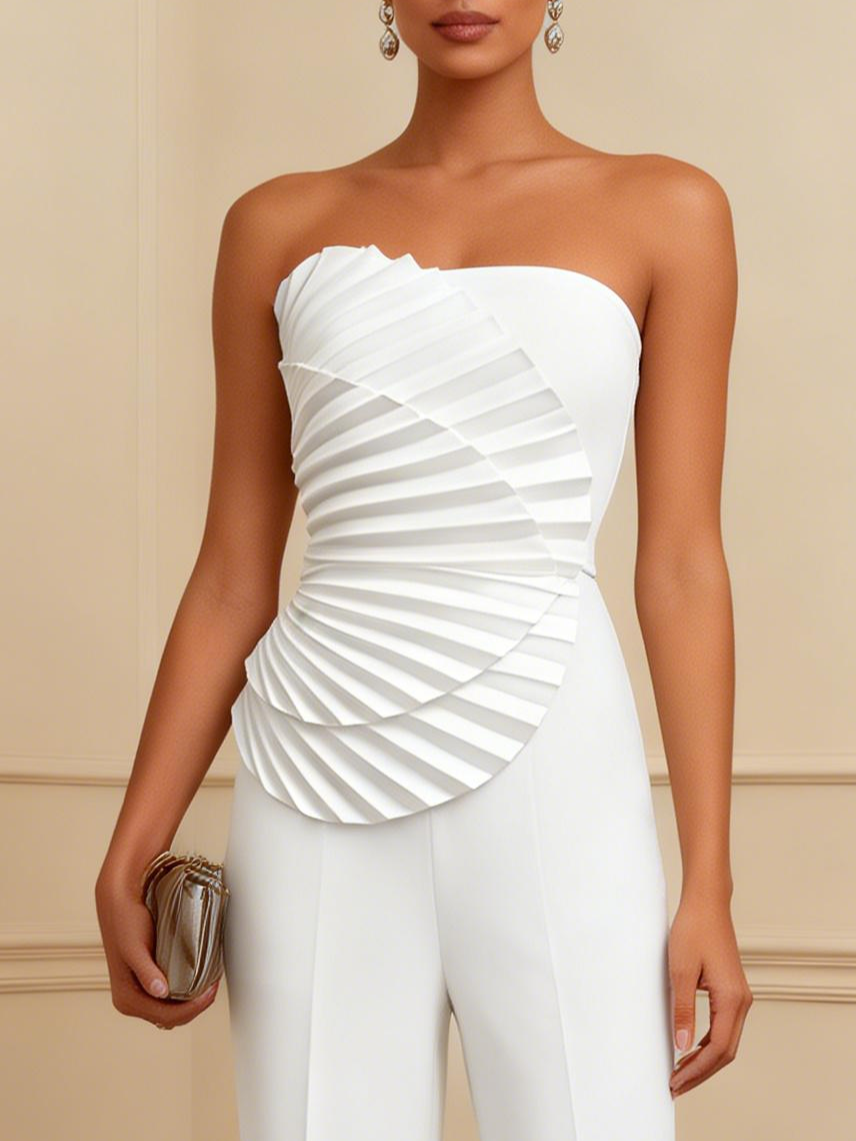 Women White Ruched Strapless Sleeveless Elegant Jumpsuit