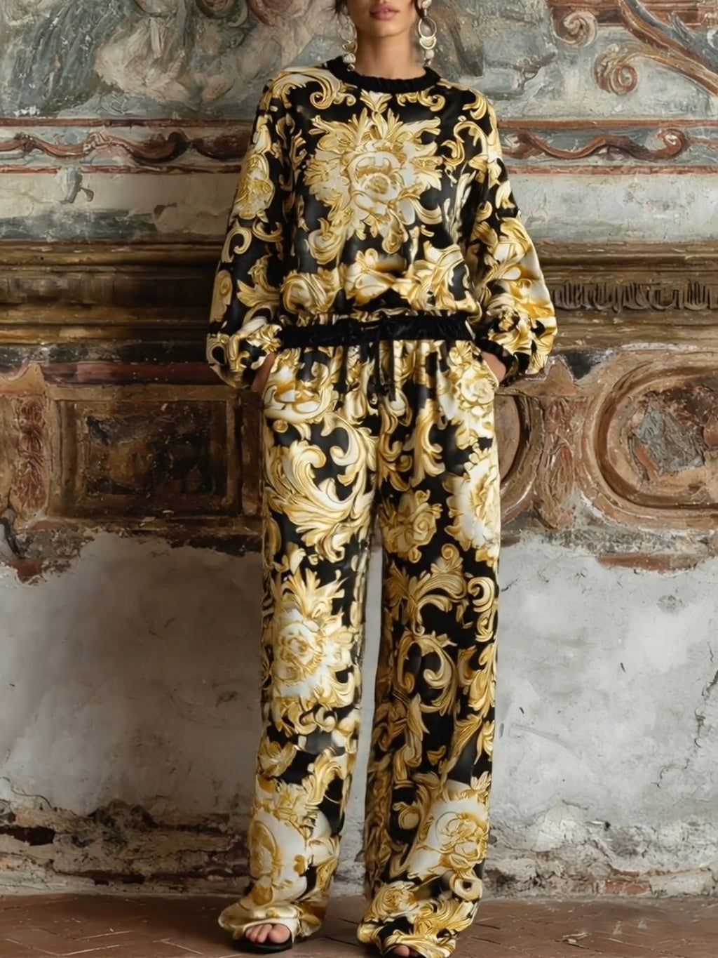 Baroque Floral Print Long-sleeved Top And Wide-leg Pants Loungewear Set