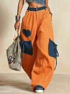 Women's Retro Striped Pattern Art Casual Cotton Denim Patchwork Pants