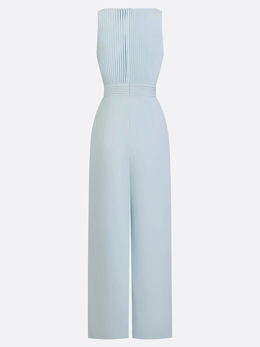 Women Light Blue Pleated Boat Neck Sleeveless Dressy Jumpsuit