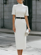 High Neck Belted Tailored Midi Dress