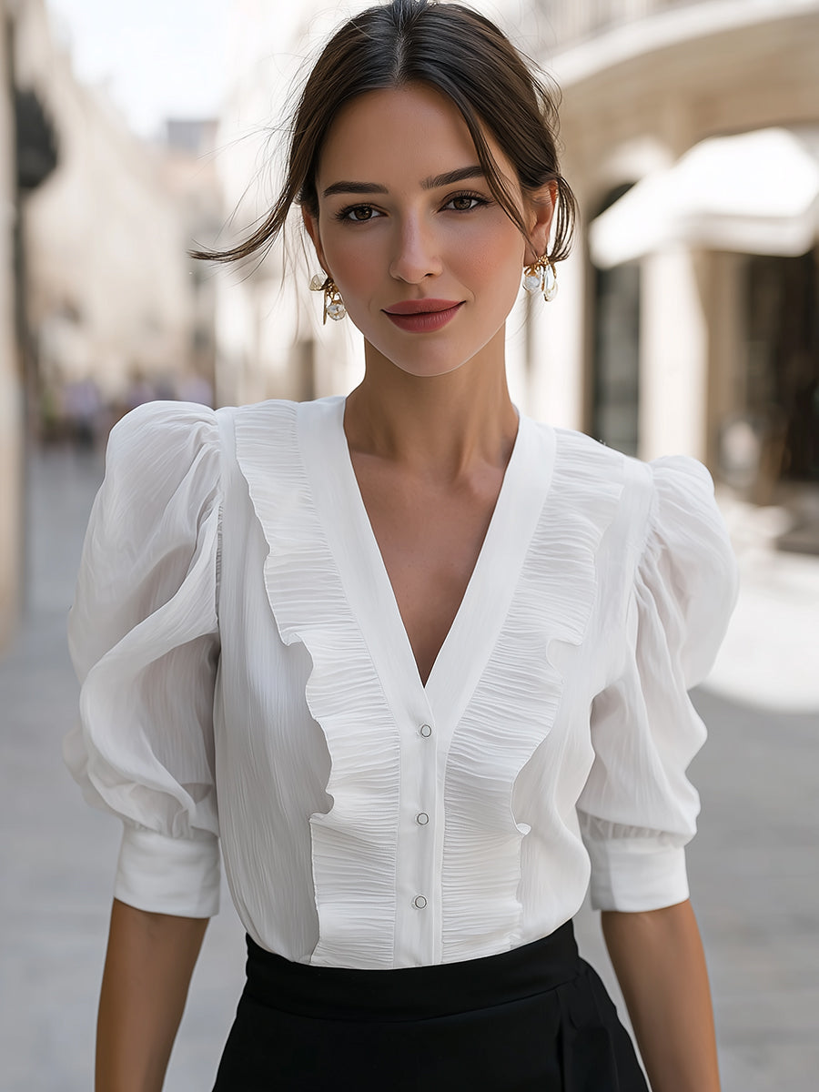 Elegant V-Neck Ruffle Trim Puff Sleeve Button-Down Blouse