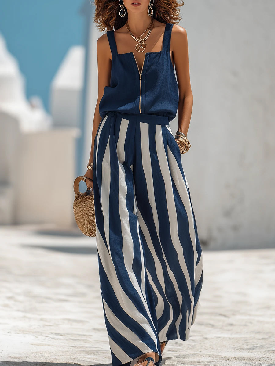 Striped Spaghetti-strap Top & Loose, Slimming Wide-leg Pants Two-piece Set