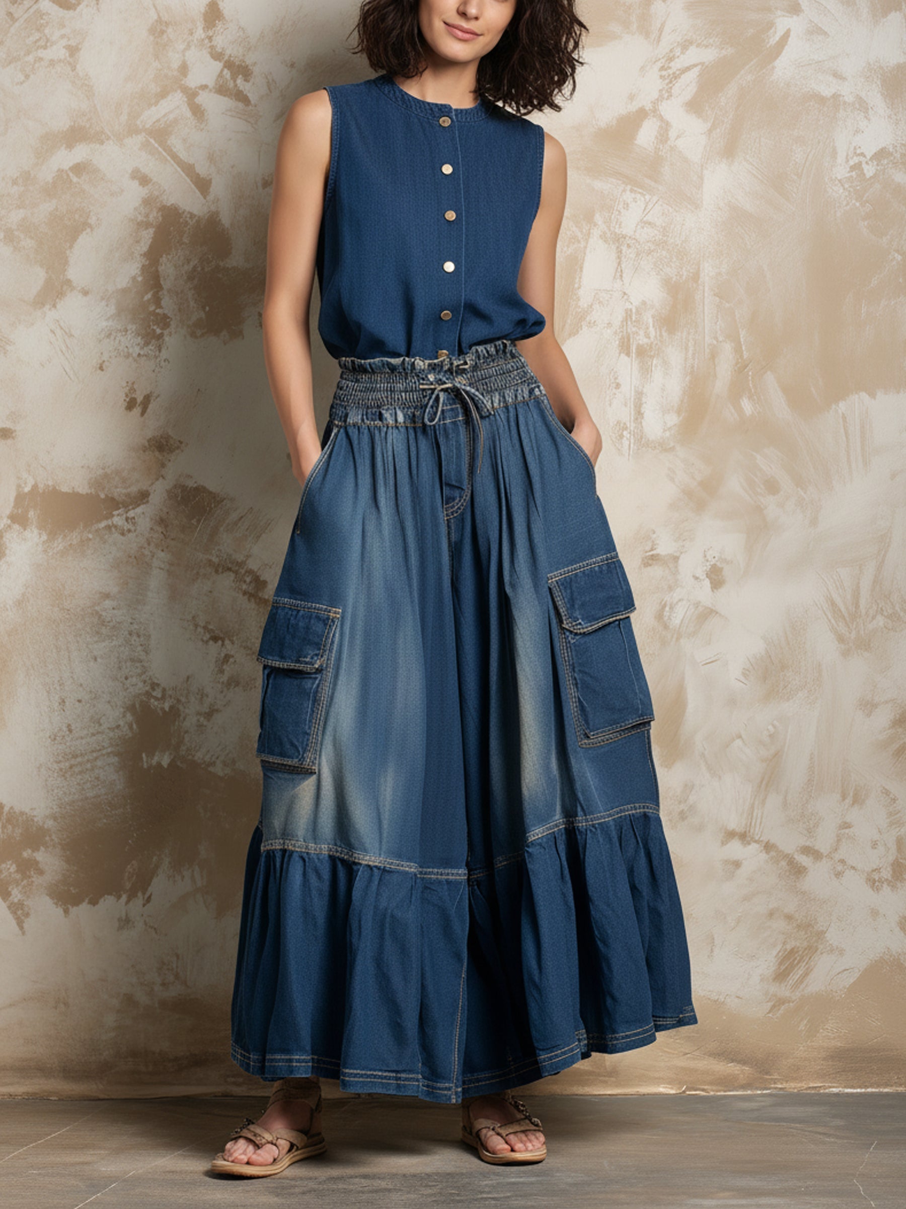 Vintage Washed Denim Cargo Cropped Wide-Leg Pants