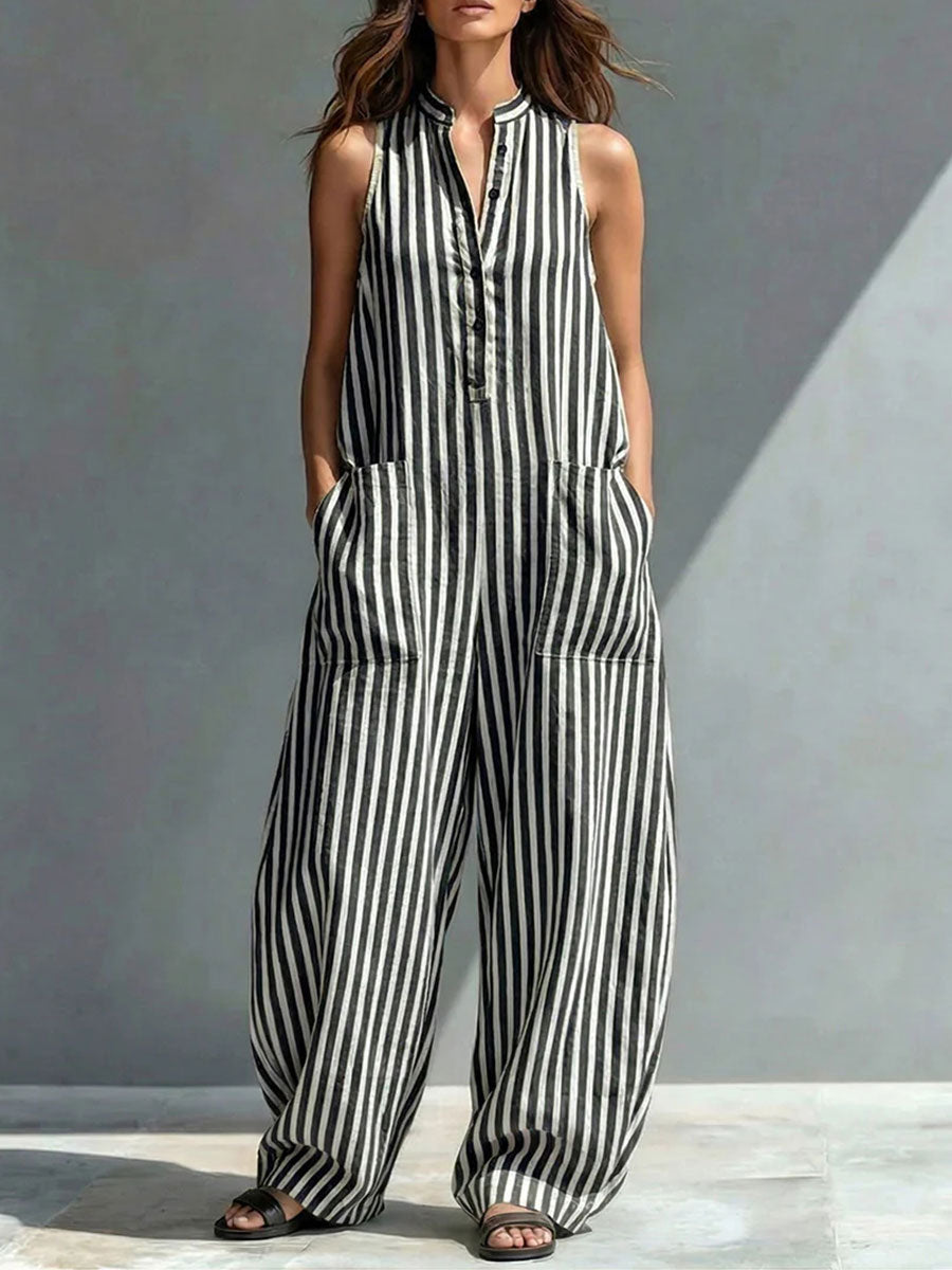 Women's Sleeveless Striped Henley Collar Wide-leg Jumpsuit