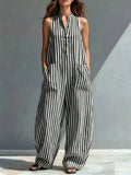 Women's Sleeveless Striped Henley Collar Wide-leg Jumpsuit