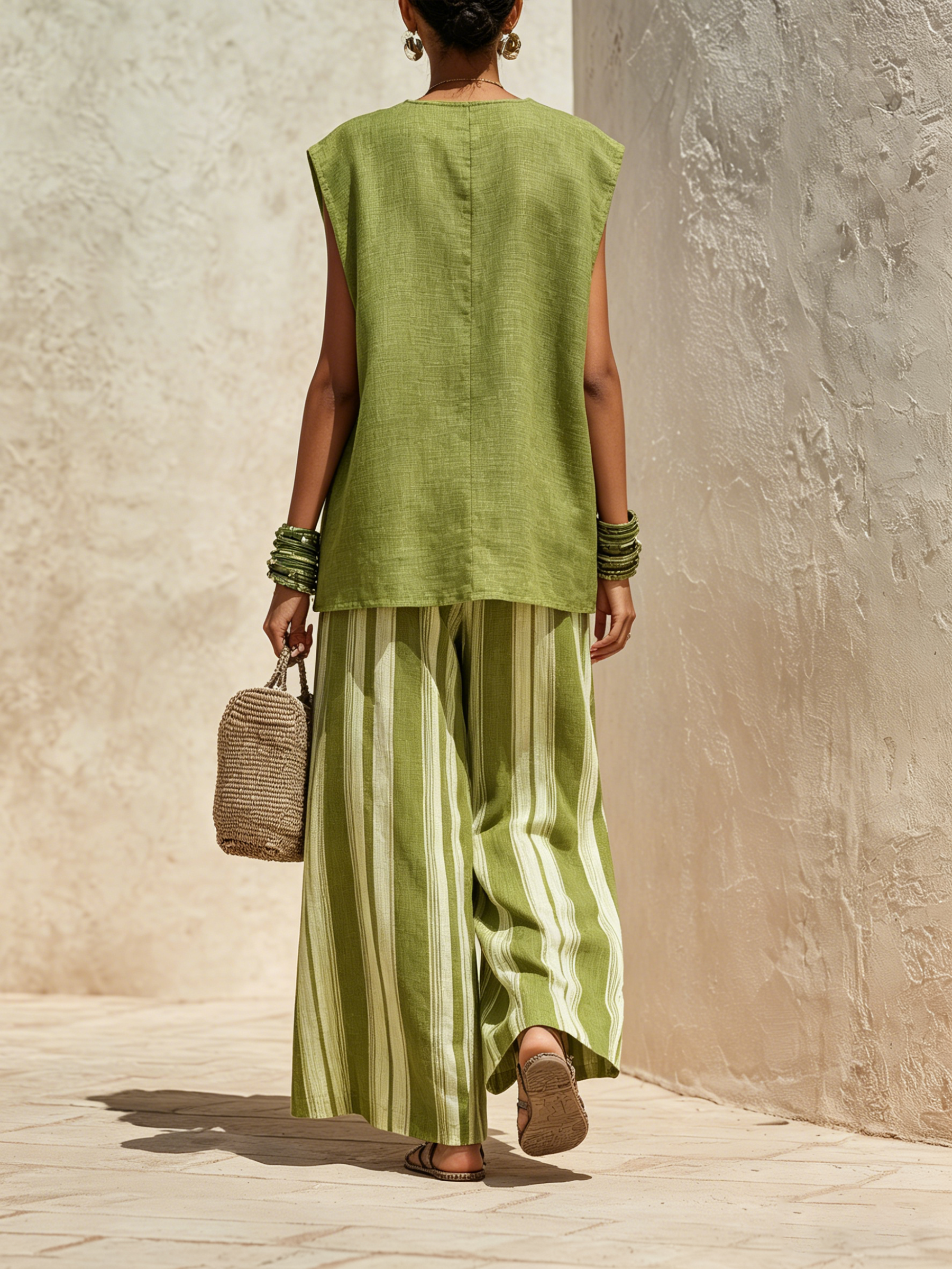 Oversized Green Linen-Blend Sleeveless Top & Striped Wide-Leg Pant Set