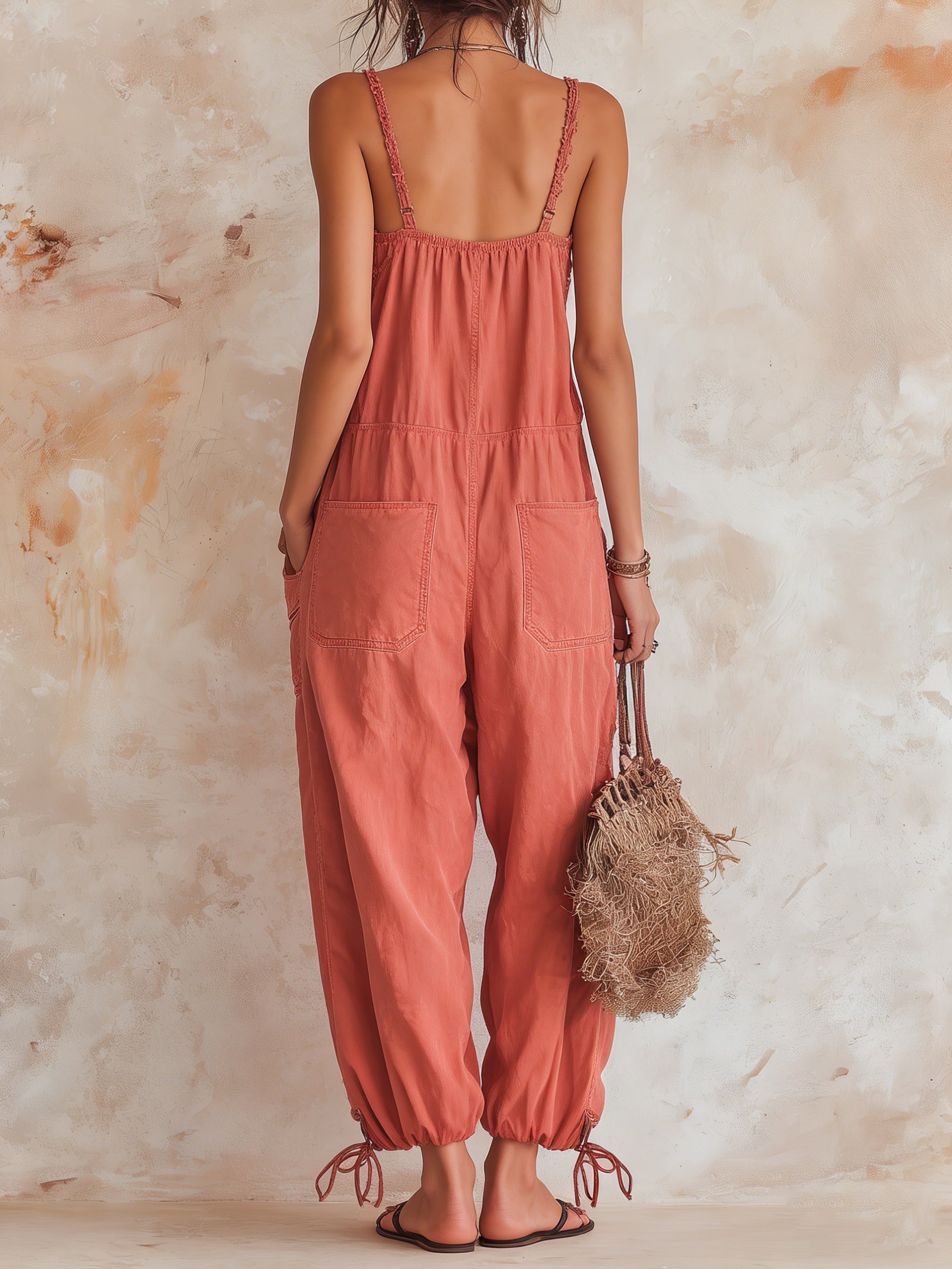 Frayed-Edge Utility Balloon Leg Denim Jumpsuit