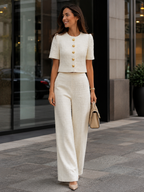 Tweed Cropped Short-Sleeve Jacket & High-Waisted Wide-Leg Pants Two-Piece Set