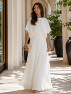 Pleated Shawl-Sleeve High-Waisted Flowy Maxi Dress Set