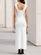 Sleeveless U-Neck Button-Detail Slit Maxi Dress