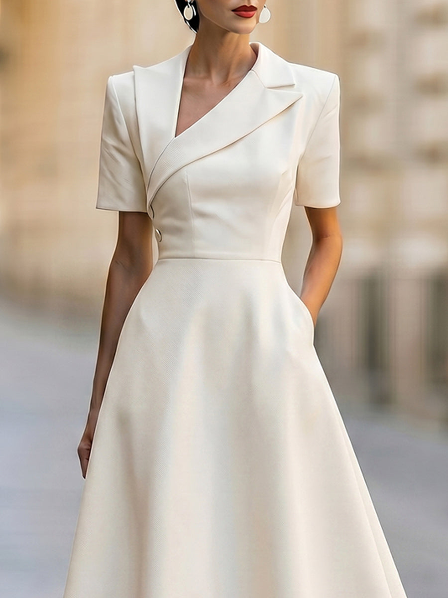 Asymmetric Lapel Short Sleeve Fit-and-Flare Midi Dress