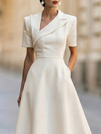 Asymmetric Lapel Short Sleeve Fit-and-Flare Midi Dress